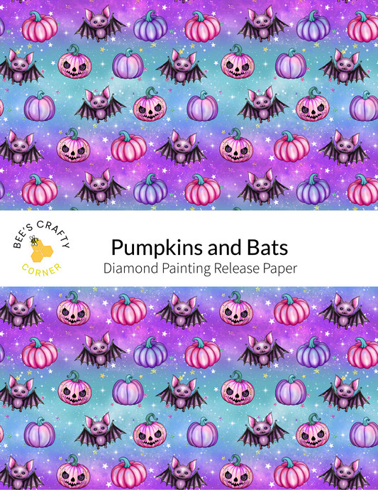 The image is a repeating pattern of pumpkins and bats against a purple and blue background with stars.