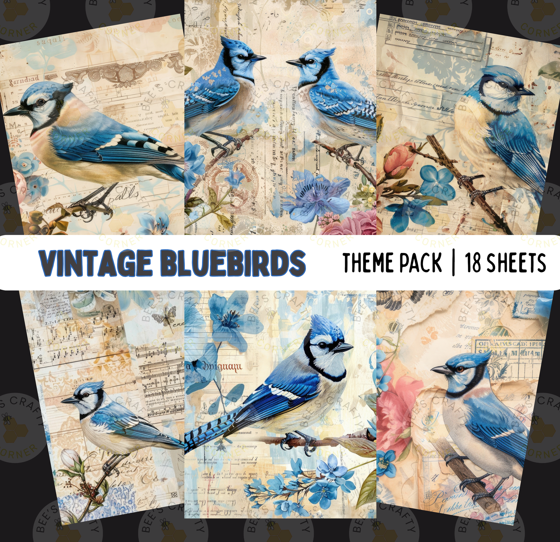 The image is a collage of various vintage bluebird illustrations, each featuring a different bluebird perched on a branch with flowers. The collage includes multiple images of bluebirds in different poses and settings, creating a visually appealing and nostalgic theme.