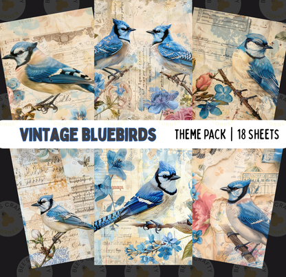 The image is a collage of various vintage bluebird illustrations, each featuring a different bluebird perched on a branch with flowers. The collage includes multiple images of bluebirds in different poses and settings, creating a visually appealing and nostalgic theme.