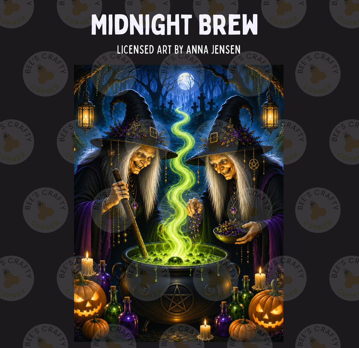 two women in witch's hats standing over a cauldron filled with a green substance, surrounded by pumpkins, candles, and other Halloween-themed items.