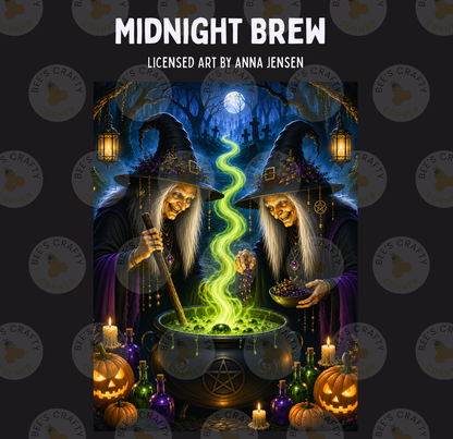 two women in witch's hats standing over a cauldron filled with a green substance, surrounded by pumpkins, candles, and other Halloween-themed items.
