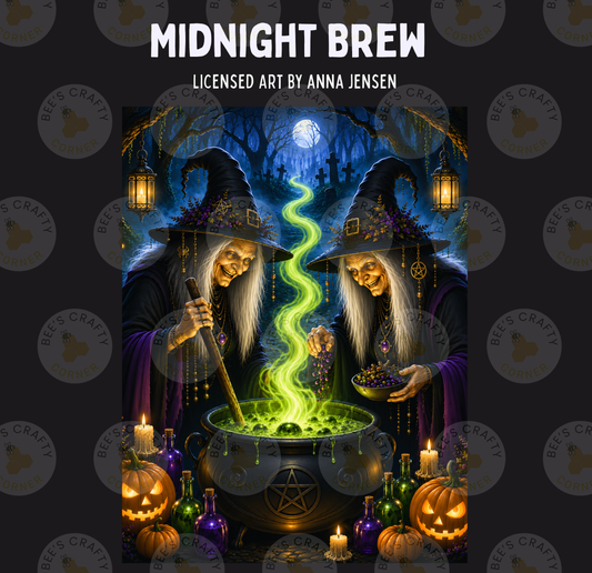 two women in witch's hats standing over a cauldron filled with a green substance, surrounded by pumpkins, candles, and other Halloween-themed items.