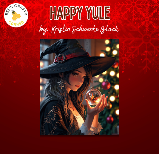 The image is a collage featuring a woman dressed as a witch, holding a crystal ball and surrounded by a festive Christmas tree.