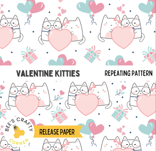 The image is a repeating pattern of cartoon cats holding hearts and gift boxes, with the text "Valentine Kittens" and "REPEATING PATTERN" visible.