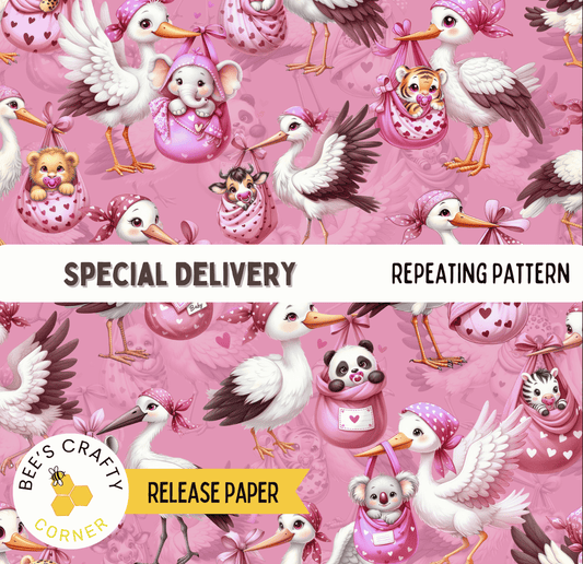 The image is a repeating pattern of various cartoon-style birds, including storks, pelicans, and swans, all carrying baby animals in their nests or carriers. The birds are depicted in different poses and colors, creating a lively and whimsical scene. The pattern is designed to be visually appealing and engaging, with a focus on the birds and their interactions with the baby animals.