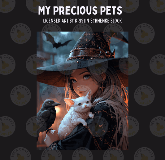 The image is a digital illustration featuring a woman dressed as a witch, holding a white cat and a black bird. The background is dark and includes bats and a castle, creating a mystical and enchanting atmosphere.