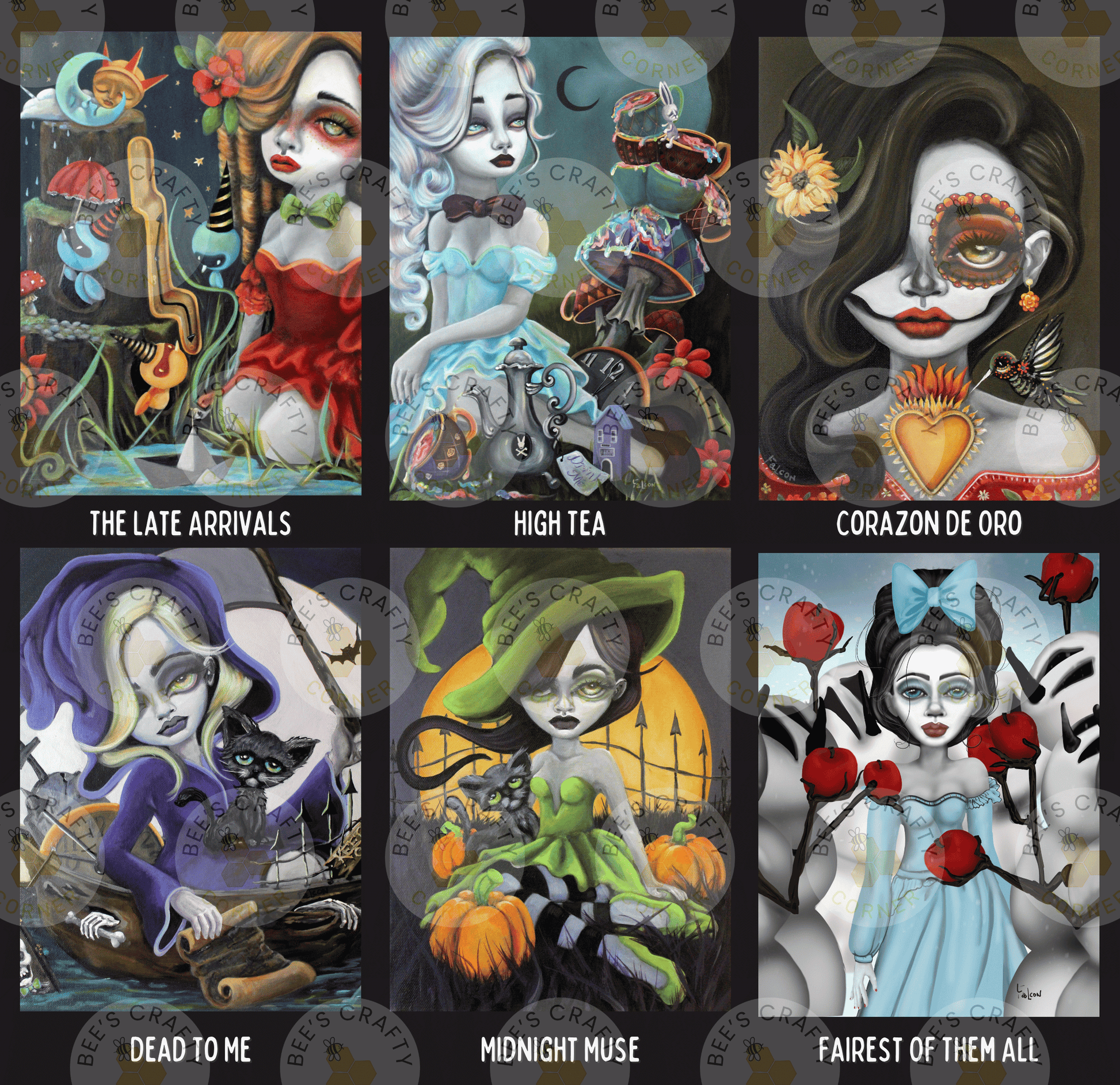 The image is a collage of six distinct illustrations, each depicting a different fairy tale or fantasy character. The illustrations include a woman with a purple dress, a woman with a green dress, a woman with a red dress, a woman with a blue dress, a woman with a green dress, and a woman with a red dress. Each illustration has a unique style and color scheme, showcasing the diversity and creativity of the artist's work.