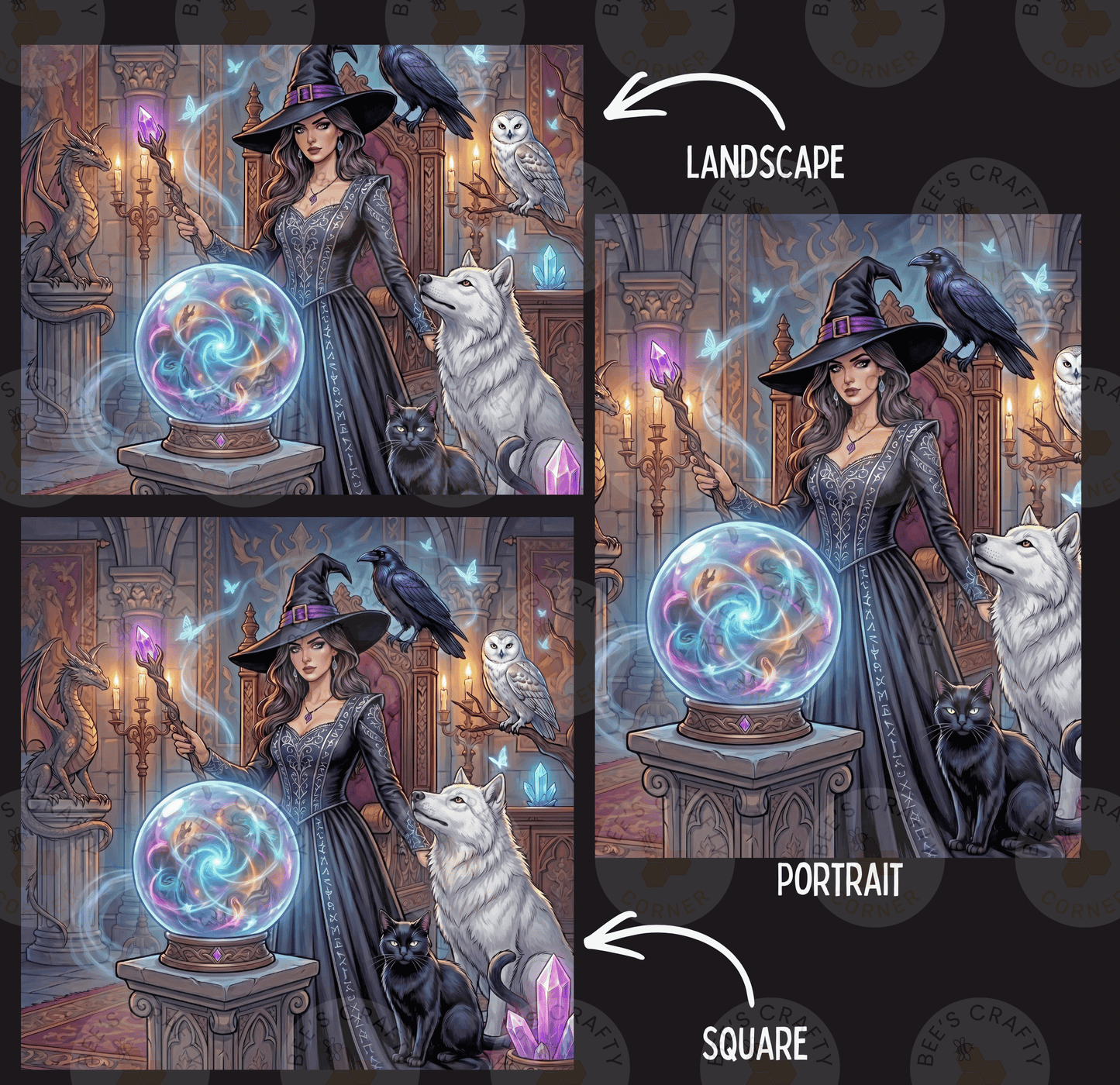 The image is a collage of three images depicting a woman in a witch's hat surrounded by various fantastical elements, including a crystal ball, a wolf, a cat, and a dragon. The images are labeled as "LANDscape", "PORTRAIT", and "SQUARE".