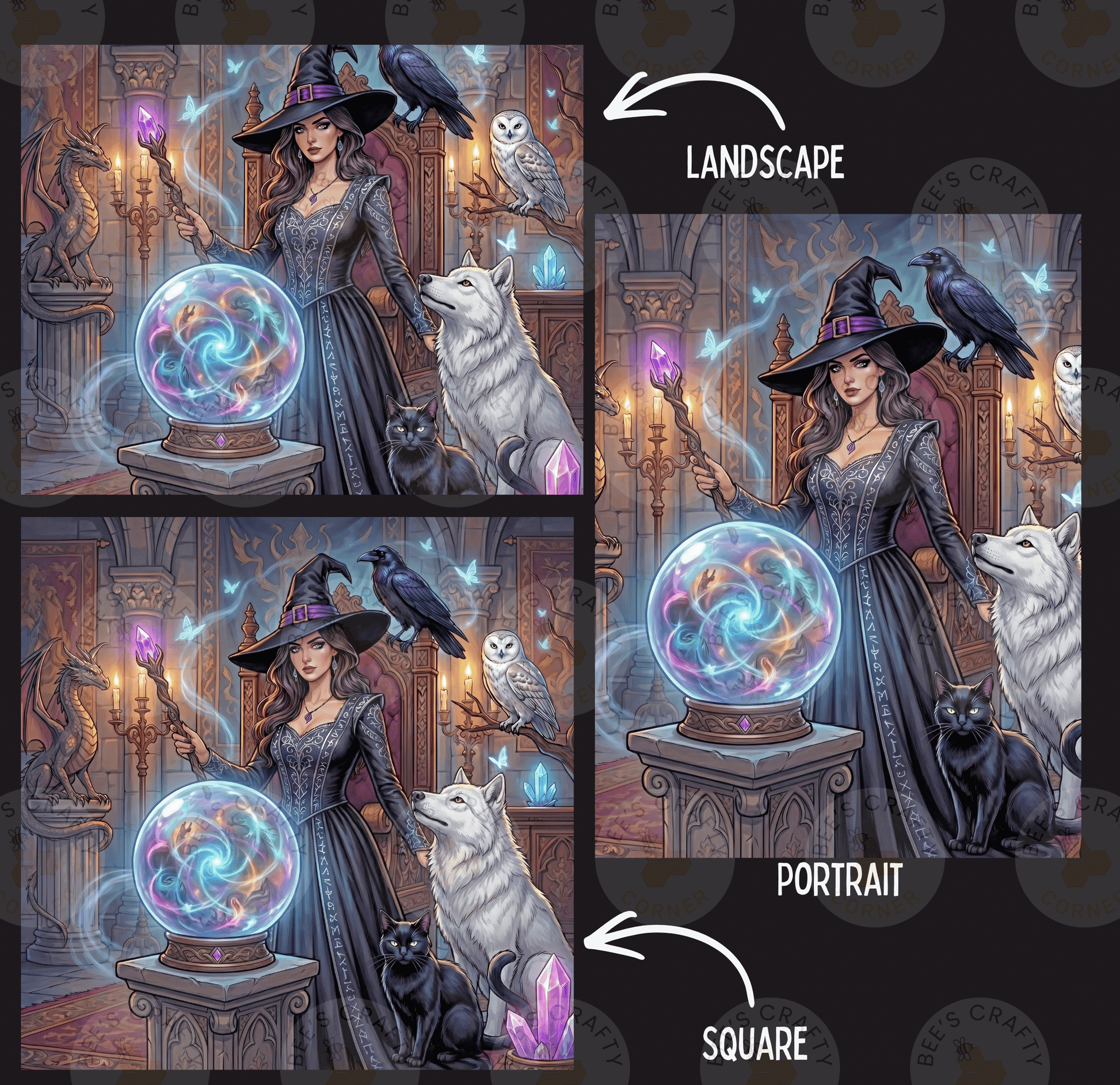 The image is a collage of three images depicting a woman in a witch's hat surrounded by various fantastical elements, including a crystal ball, a wolf, a cat, and a dragon. The images are labeled as "LANDscape", "PORTRAIT", and "SQUARE".
