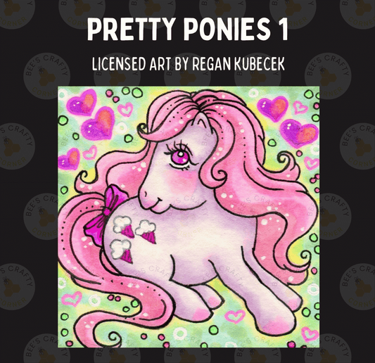 The image is a vibrant illustration of a pink pony surrounded by hearts and bubbles, with the title "Pretty Ponies 1" prominently displayed.