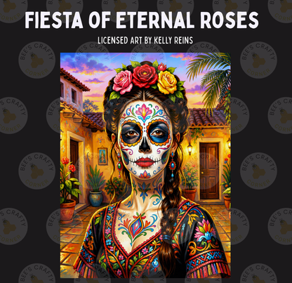 The image is a vibrant and colorful depiction of a woman with a sugar skull face paint, wearing a traditional Mexican dress, and surrounded by a tropical setting with palm trees and a building.