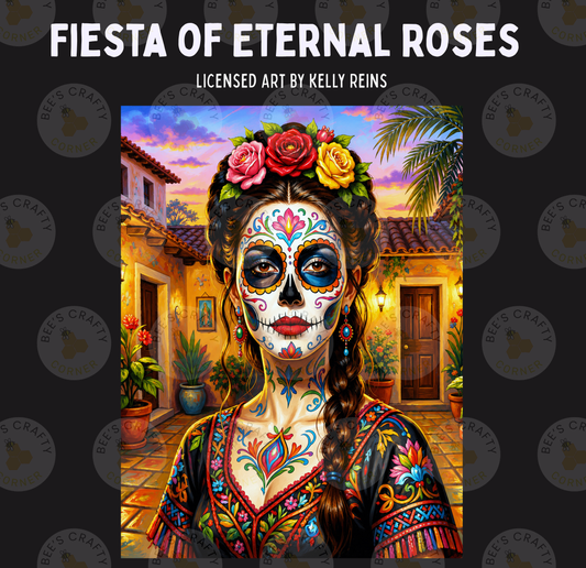 The image is a vibrant and colorful depiction of a woman with a sugar skull face paint, wearing a traditional Mexican dress, and surrounded by a tropical setting with palm trees and a building.