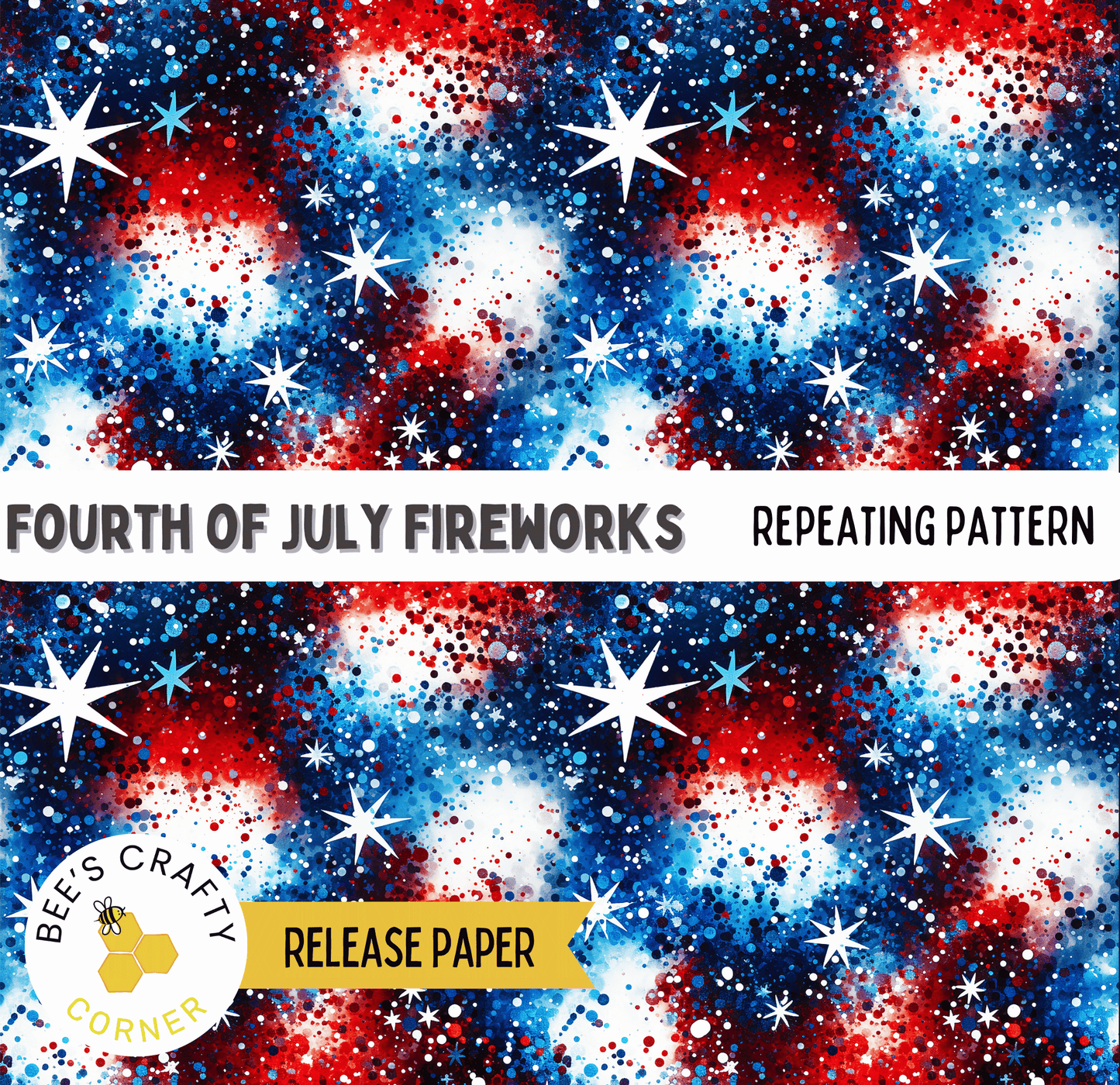 The image is a repeating pattern of fireworks in red, white, and blue colors, with white stars scattered throughout.