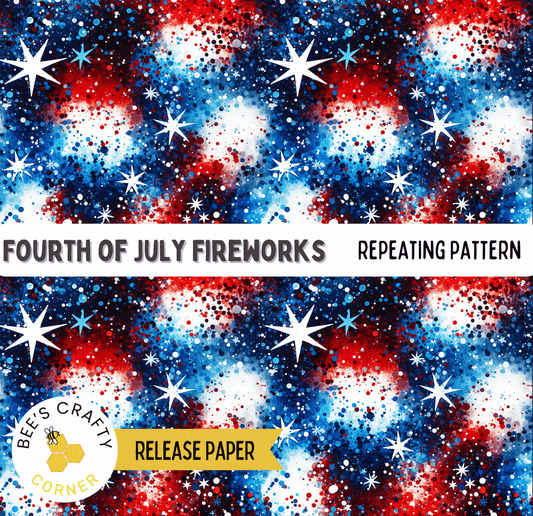 The image is a repeating pattern of fireworks in red, white, and blue colors, with white stars scattered throughout.