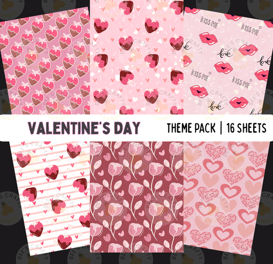 a theme pack of 16 Valentine's Day-themed papers, each with a unique pattern and color scheme. The papers feature various heart designs, such as hearts, roses, and kisses, along with other Valentine's Day motifs like flowers and candy. The theme pack offers a diverse collection of designs to suit different tastes and preferences.