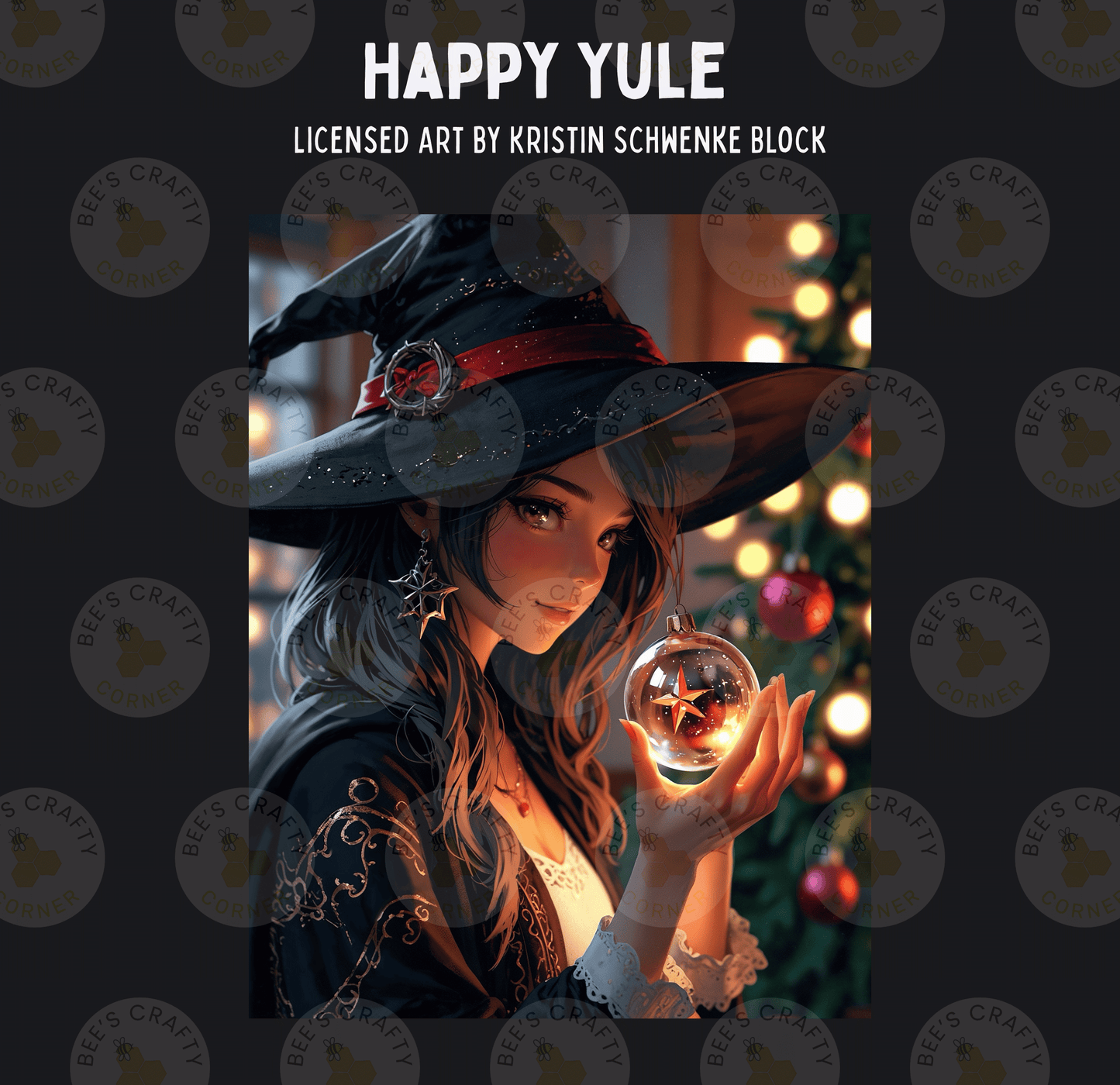 The image is a collage featuring a woman dressed as a witch, holding a glass ornament.