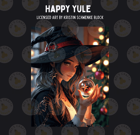 The image is a collage featuring a woman dressed as a witch, holding a glass ornament.