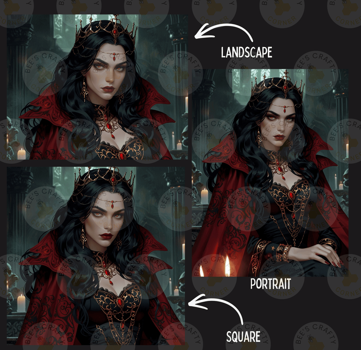 The image is a collage of three images depicting a woman wearing a red cape and crown, with the words "LANDSCAPE" and "PORTRAIT" indicating the different artistic styles used in each image.