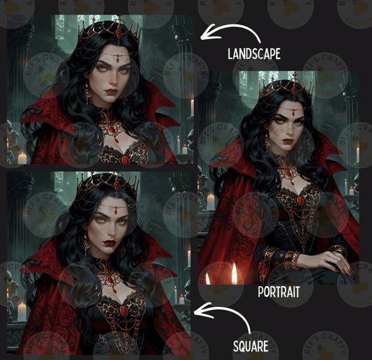 The image is a collage of three images depicting a woman wearing a red cape and crown, with the words "LANDSCAPE" and "PORTRAIT" indicating the different artistic styles used in each image.
