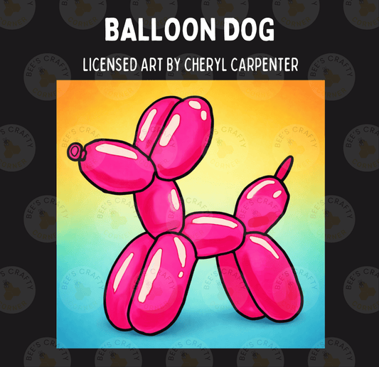 The image is a vibrant illustration of a pink balloon dog, with its distinctive features such as the large ears and tail clearly visible against a colorful background.