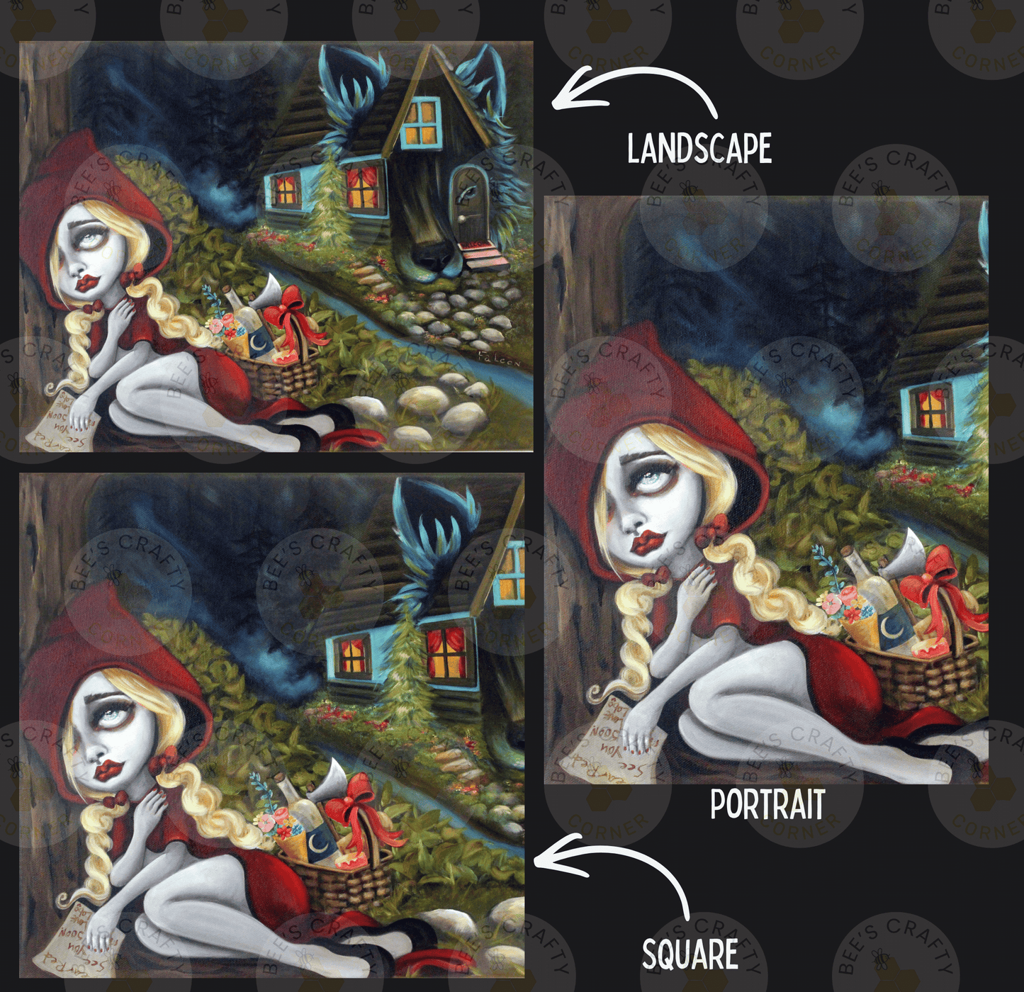 The image is a collage of three pictures depicting a landscape and a portrait of a woman. The landscape shows a house with a wolf, while the portrait shows the woman sitting in a basket. The collage includes a square labeled "LANDSCAPE" and a square labeled "PORTRAIT" to differentiate between the two images.