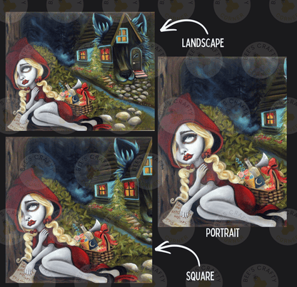 The image is a collage of three pictures depicting a landscape and a portrait of a woman. The landscape shows a house with a wolf, while the portrait shows the woman sitting in a basket. The collage includes a square labeled "LANDSCAPE" and a square labeled "PORTRAIT" to differentiate between the two images.