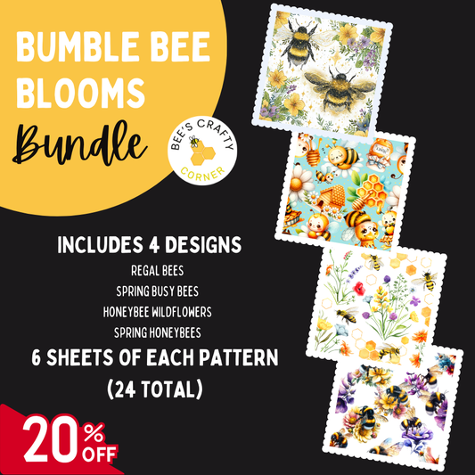 The image is an advertisement for a "Bumble Bee Blooms Bundle" that includes four designs, with a total of 24 patterns. The bundle offers a 20% discount on the purchase.