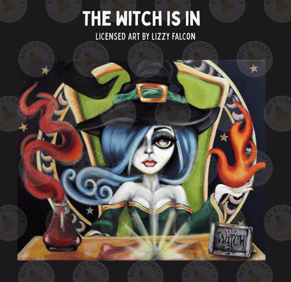 The image is a colorful illustration depicting a witch with blue hair and a green hat, surrounded by various Halloween-themed elements such as flames, pumpkins, and a cauldron.