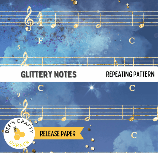 The image is a release paper for Glittery Notes repeating pattern, featuring musical notes and a star against a blue sky background.
