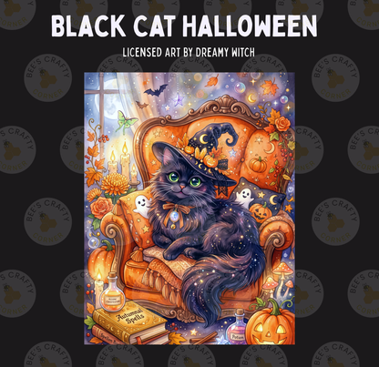 The image is a Halloween-themed illustration featuring a black cat wearing a witch's hat, sitting on a chair surrounded by various Halloween-themed elements such as pumpkins, bats, and ghostly figures.