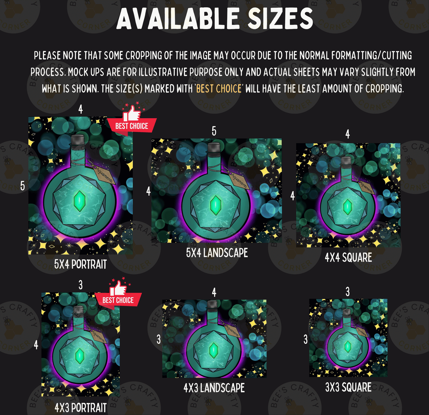 six different sizes of illustrations, including a 5x4 portrait, a 5x4 landscape, a 5x3 square, a 4x3 portrait, a 4x3 landscape, and a 3x3 square. The sizes vary from 3 to 5, and the illustrations are described as having a green gem, a blue gem, and a purple gem. The image is a collage of multiple images, and the sizes are marked with the text "BEST CHOICE" to indicate the best choice.