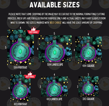 six different sizes of illustrations, including a 5x4 portrait, a 5x4 landscape, a 5x3 square, a 4x3 portrait, a 4x3 landscape, and a 3x3 square. The sizes vary from 3 to 5, and the illustrations are described as having a green gem, a blue gem, and a purple gem. The image is a collage of multiple images, and the sizes are marked with the text "BEST CHOICE" to indicate the best choice.