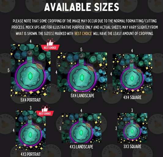 six different sizes of illustrations, including a 5x4 portrait, a 5x4 landscape, a 5x3 square, a 4x3 portrait, a 4x3 landscape, and a 3x3 square. The sizes vary from 3 to 5, and the illustrations are described as having a green gem, a blue gem, and a purple gem. The image is a collage of multiple images, and the sizes are marked with the text "BEST CHOICE" to indicate the best choice.