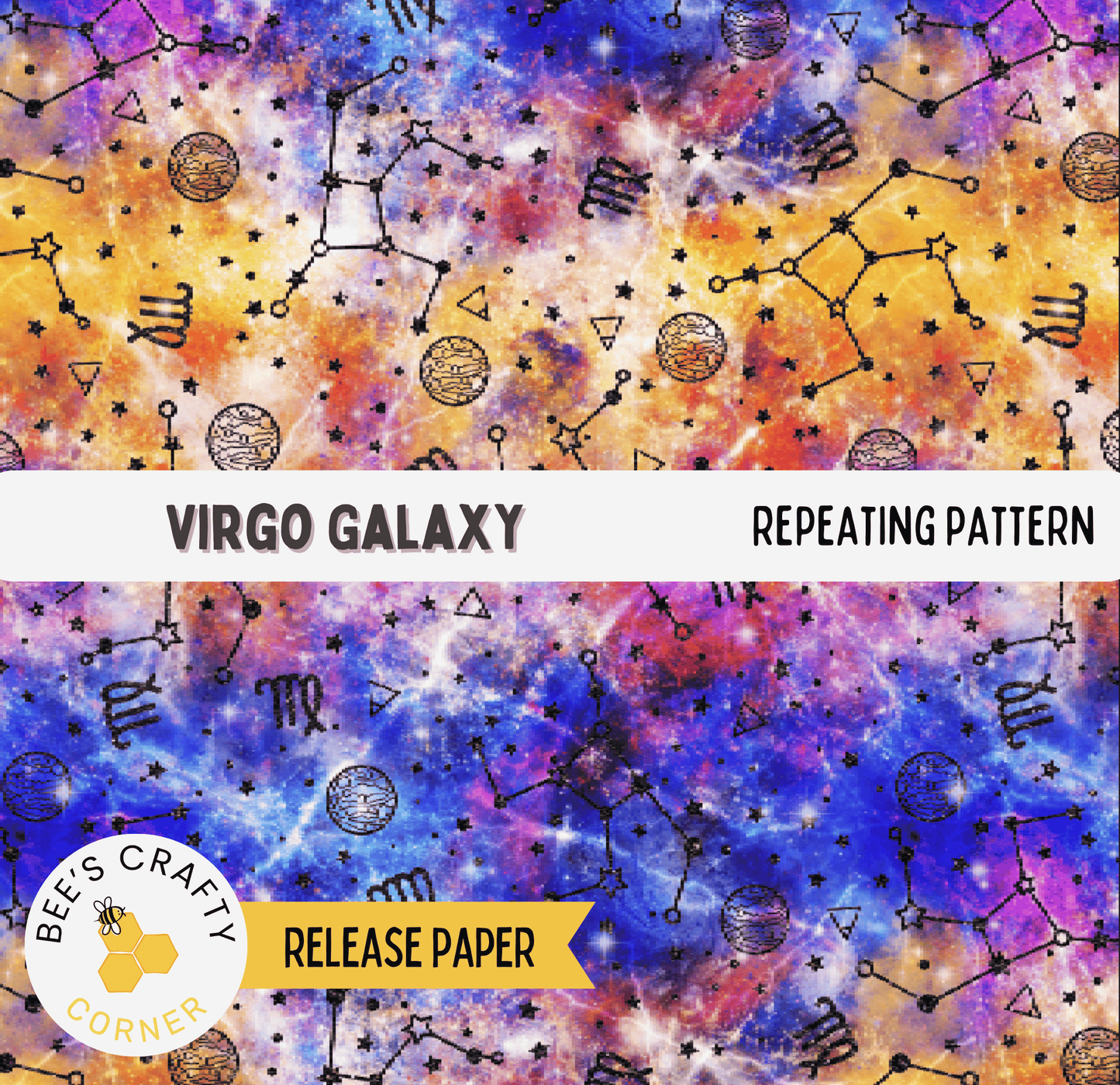 The image is a vibrant and colorful pattern featuring a repeating pattern of stars, planets, and other celestial elements against a cosmic background.