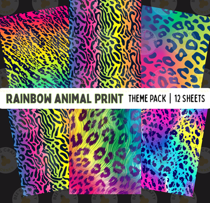 The image is a collage of six colorful and vibrant animal print patterns, including leopard, zebra, and cheetah motifs, arranged in a theme pack of 12 sheets.