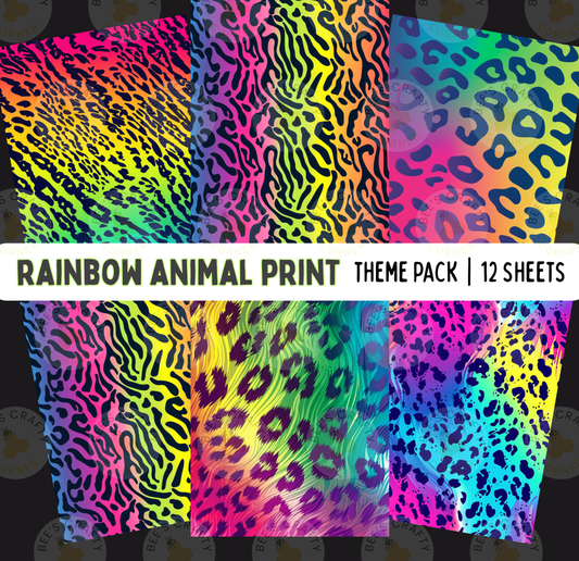 The image is a collage of six colorful and vibrant animal print patterns, including leopard, zebra, and cheetah motifs, arranged in a theme pack of 12 sheets.