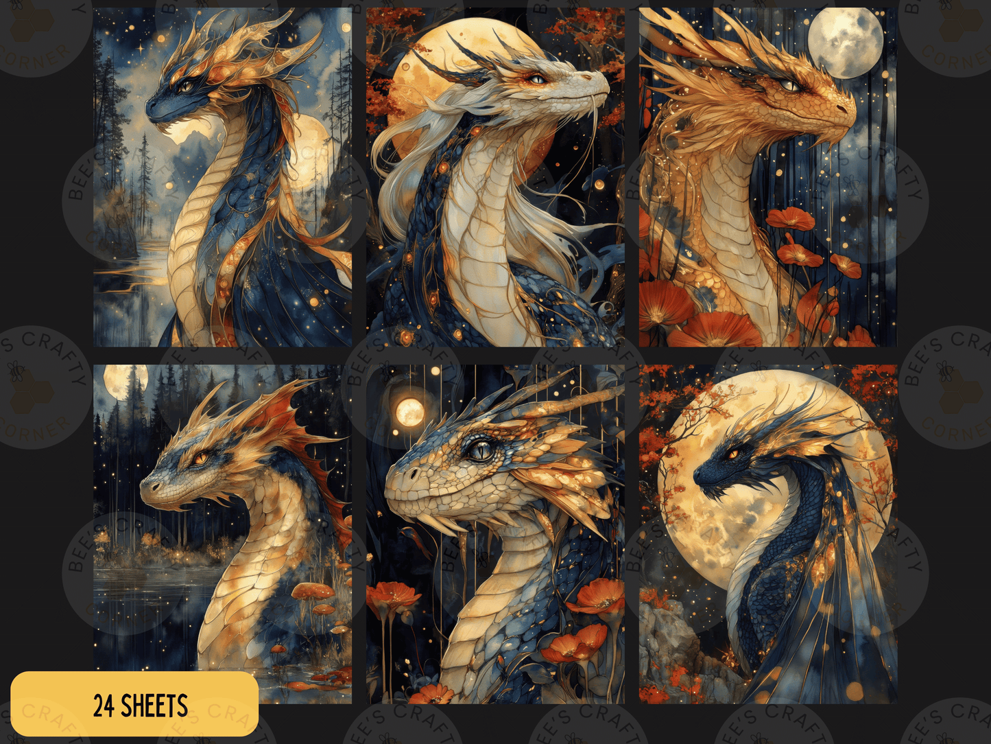 The image is a collage of six distinct images featuring fantastical, colorful dragons with intricate patterns and designs.