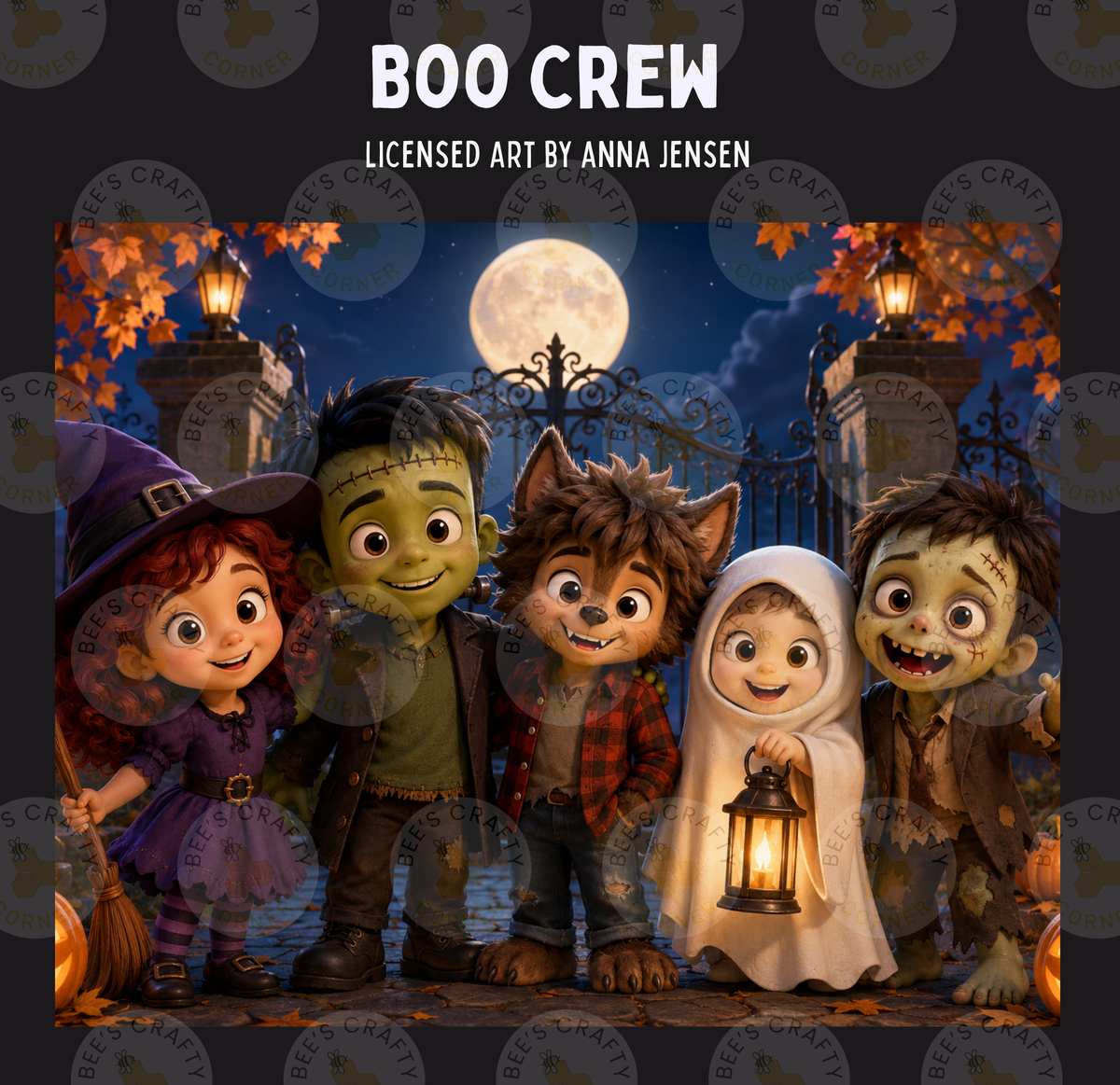 The image is a collage of five cartoon characters dressed in Halloween costumes, including a witch, Frankenstein, werewolf, skeleton, and ghost, standing together against a backdrop of a full moon and a gated gate.