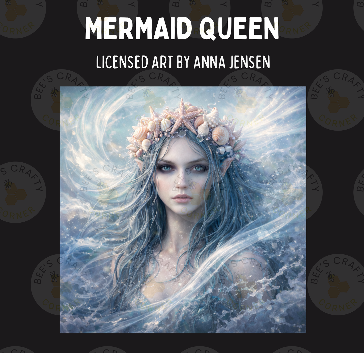 The image is a digital artwork depicting a mermaid queen surrounded by ocean waves and a starfish crown.