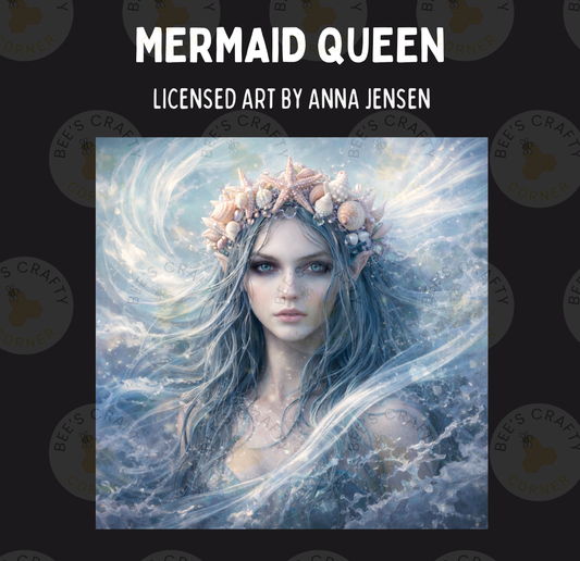 The image is a digital artwork depicting a mermaid queen surrounded by ocean waves and a starfish crown.