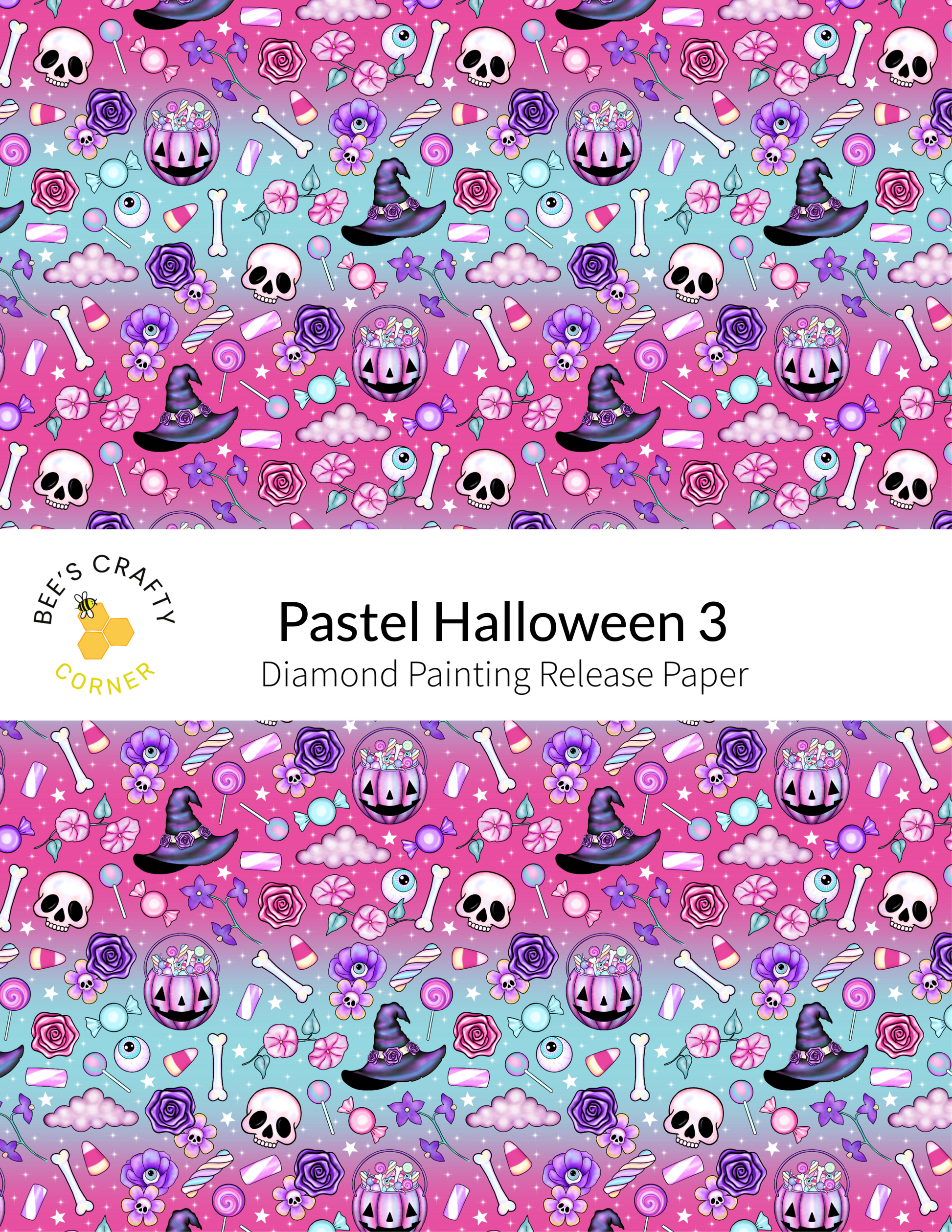 The image is a repeating pattern of various Halloween-themed elements, including skulls, bats, candy canes, pumpkins, and other spooky and festive decorations. The pattern is predominantly pink and purple, with accents of blue and white. The text "Pasteel Halloween 3 Diamond Painting Release Paper" is visible, indicating that this is a release paper for a diamond painting kit related to the pastel Halloween theme.