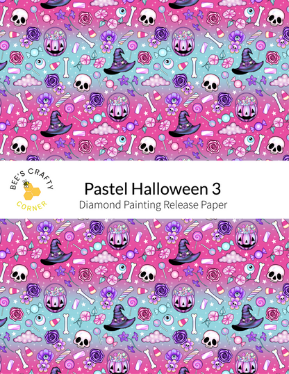 The image is a repeating pattern of various Halloween-themed elements, including skulls, bats, candy canes, pumpkins, and other spooky and festive decorations. The pattern is predominantly pink and purple, with accents of blue and white. The text "Pasteel Halloween 3 Diamond Painting Release Paper" is visible, indicating that this is a release paper for a diamond painting kit related to the pastel Halloween theme.