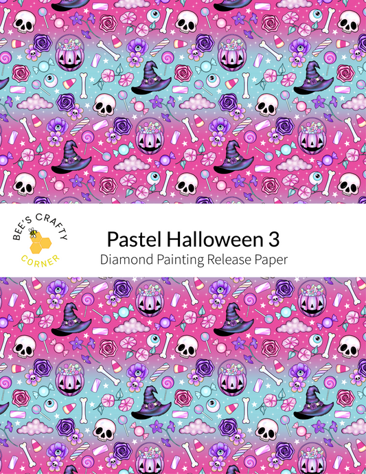The image is a repeating pattern of various Halloween-themed elements, including skulls, bats, candy canes, pumpkins, and other spooky and festive decorations. The pattern is predominantly pink and purple, with accents of blue and white. The text "Pasteel Halloween 3 Diamond Painting Release Paper" is visible, indicating that this is a release paper for a diamond painting kit related to the pastel Halloween theme.