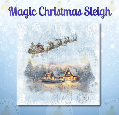 The image is a collage of two pictures. The top picture depicts a sleigh flying over a snowy landscape with a house and trees in the background. The bottom picture shows a snowy landscape with a house and trees in the background. The text "Magic Christmas Sleigh" is written above the top picture, and "Merry Christmas" is written below the bottom picture.