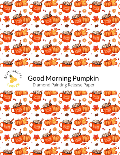The image is a repeating pattern of orange mugs filled with hot chocolate and surrounded by autumn leaves and pumpkins.
