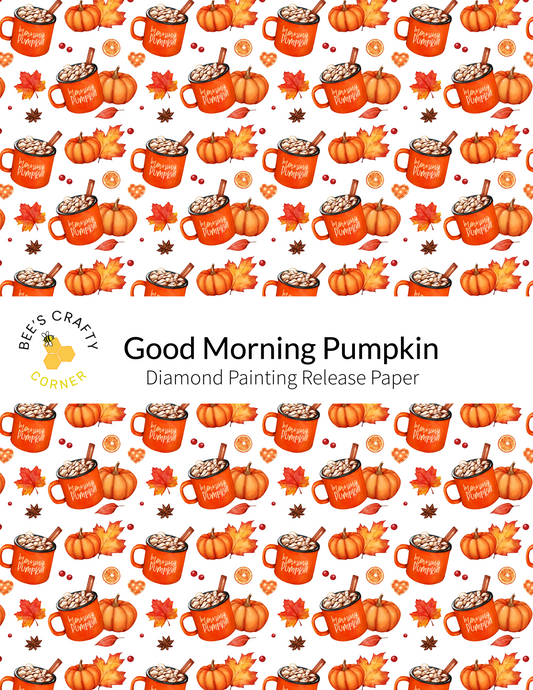 The image is a repeating pattern of orange mugs filled with hot chocolate and surrounded by autumn leaves and pumpkins.