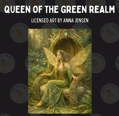 The image is a painting depicting a fairy-like figure with wings, sitting in a chair surrounded by a lush, green forest.