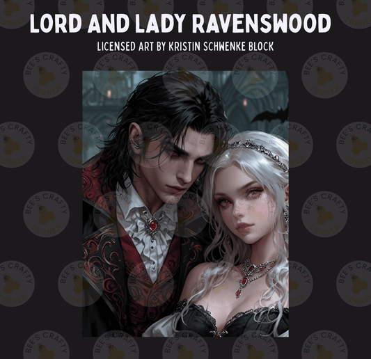 The image is a digital illustration featuring two characters, a man and a woman, dressed in elaborate, gothic-style clothing. The man is wearing a cape and a necklace, while the woman has long blonde hair and is wearing a tiara. The background of the image is dark and has a Gothic-inspired atmosphere.