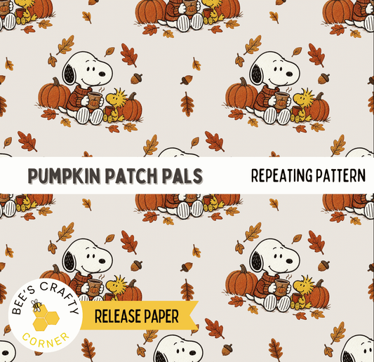 The image is a repeating pattern featuring Snoopy and Woodstock from the Peanuts comic strip, surrounded by pumpkins and autumn leaves.