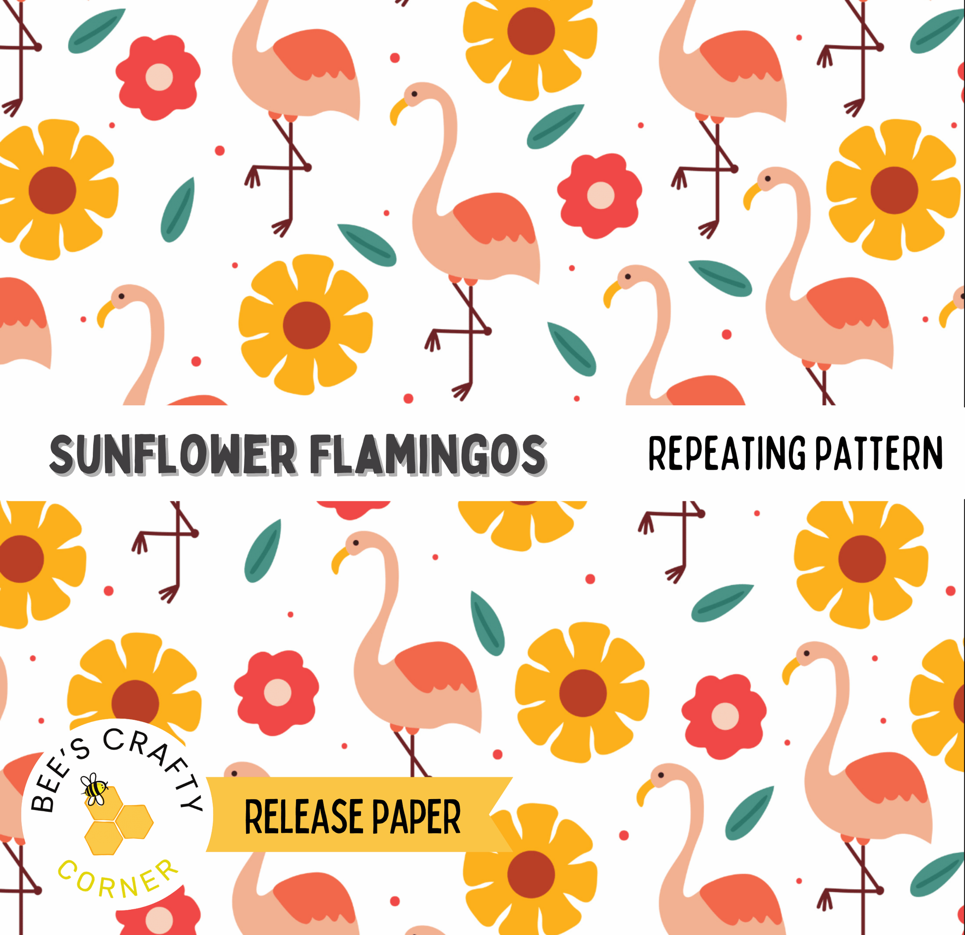 The image is a repeating pattern of pink flamingos and yellow flowers, with the text "Sunflower Flamingos" and "REPEATING PATTERN" visible.